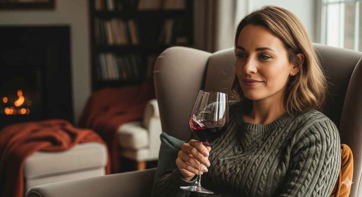 Grávida sorridente em poltrona, segurando taça de vinho tinto, ilustrando bem-estar e estilo de vida