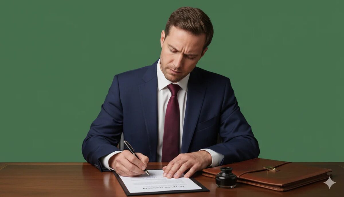 Homem de terno assinando documento oficial com atenção, ilustrando as boas práticas para evitar a falsificação de assinatura e fraudes documentais.
