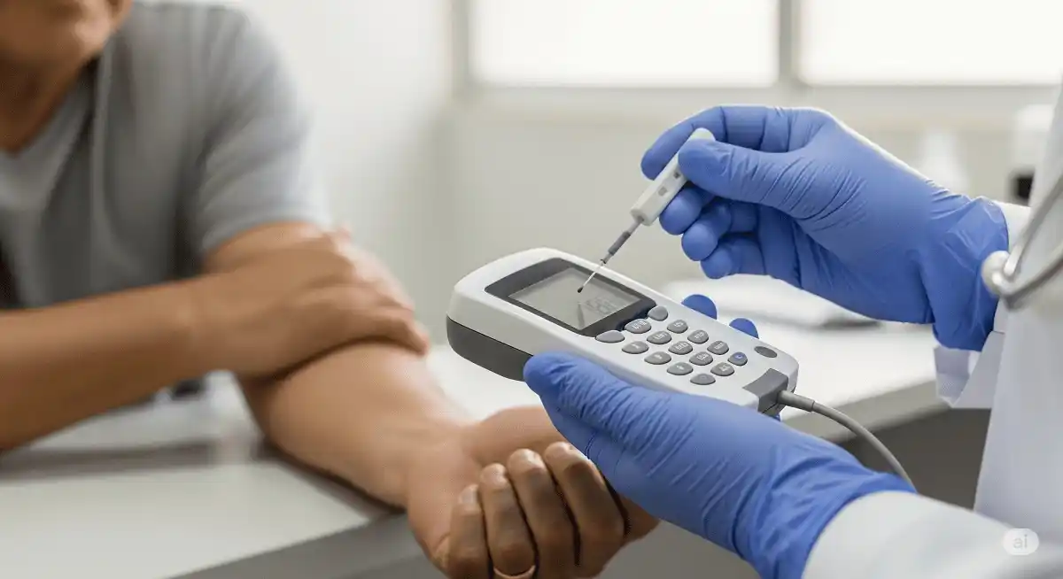 Profissional de saúde realizando medição de glicemia em paciente, com foco no aparelho glicosímetro e tiras reagentes, ilustrando o acompanhamento em PSFs de Lavras