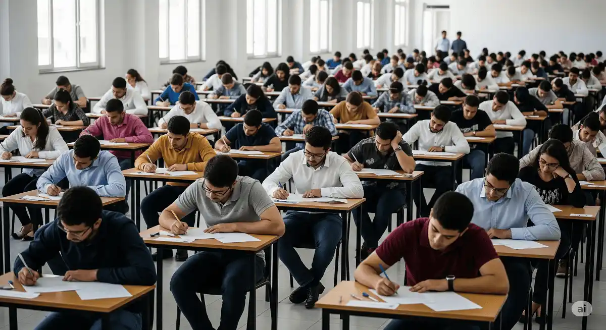 Candidatos concentrados realizando prova de concurso público em sala de aula, ilustrando o Concurso SEE-MG para educação