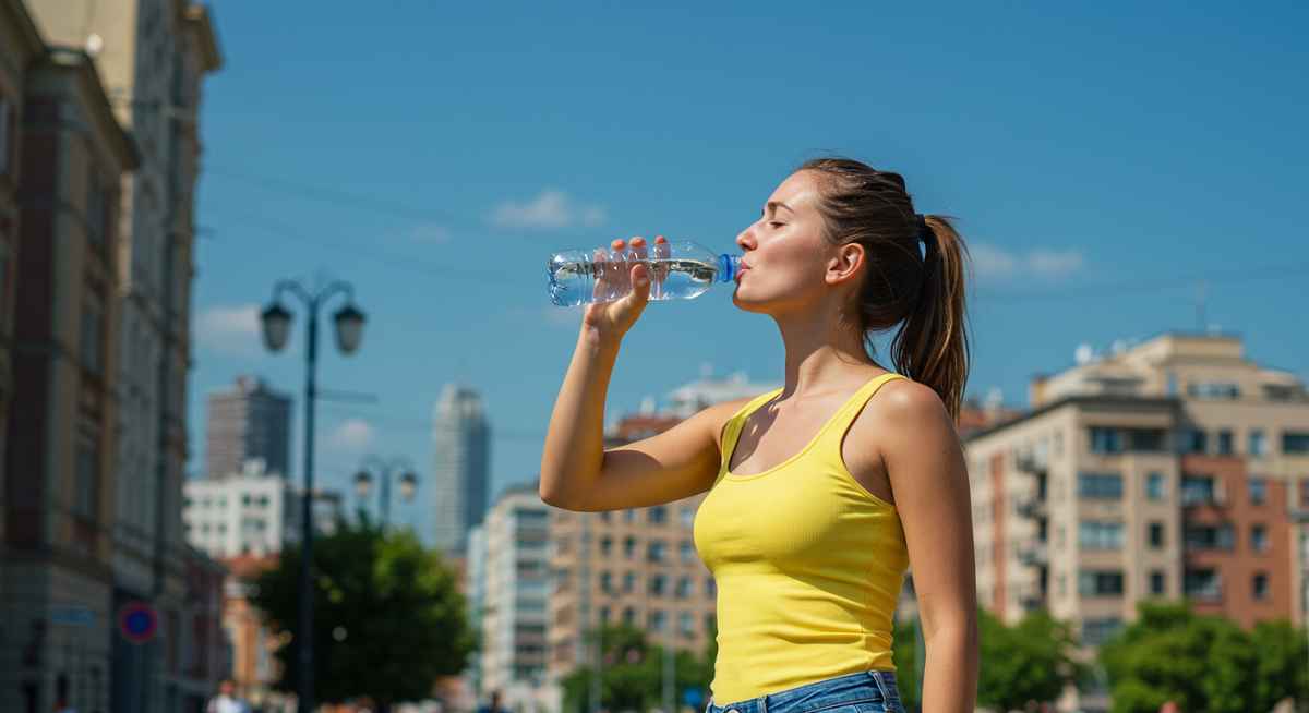 A imagem mostra uma mulher tomando agua em uma garrafa plástica destacando o alerta laranja de baixa umidade emitido pelo INMET