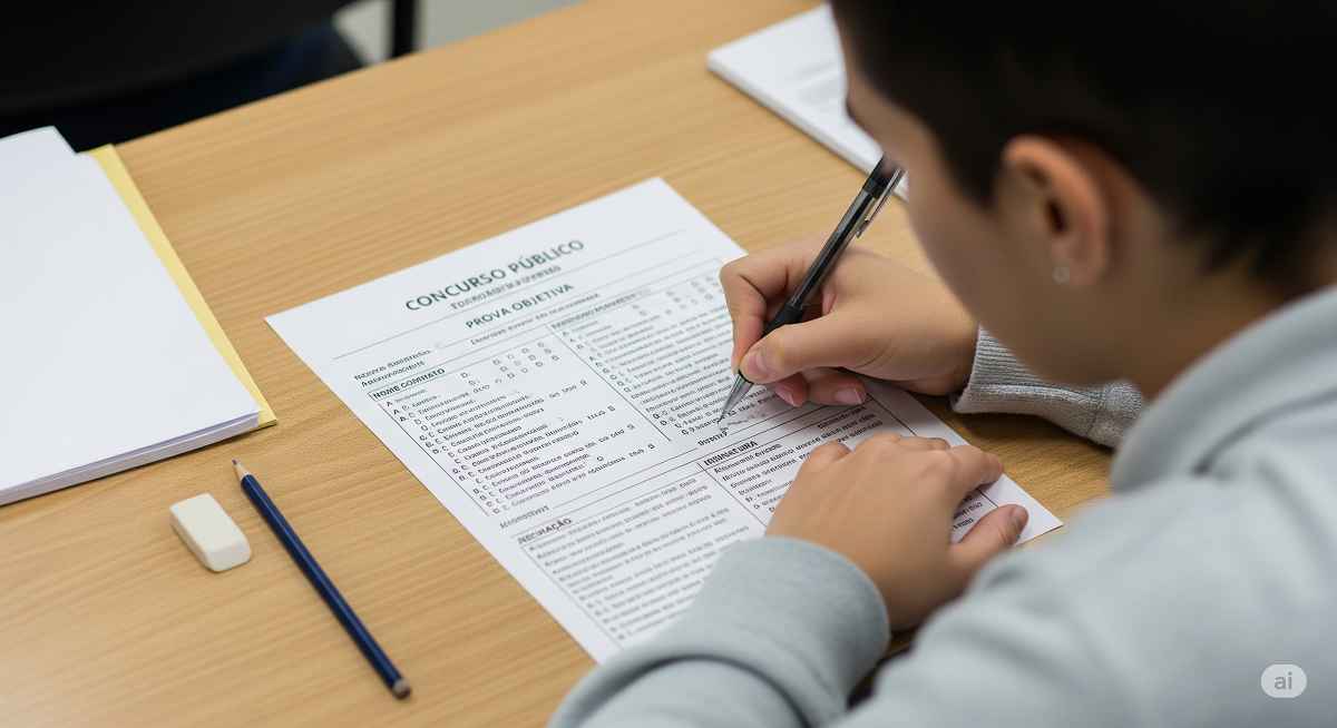 Uma pessoa está marcando um formulário de prova com uma caneta preta. A prova é para o concurso da Educação de Minas Gerais