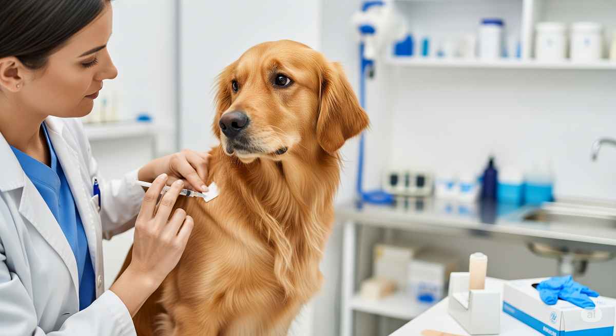Médica veterinária aplica vacina antirrábica em cachorro durante campanha de vacinação em Lavras