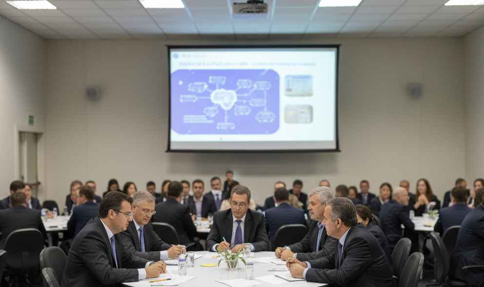 Prefeitos do Sul de Minas durante assinatura do acordo de cooperação intermunicipal para criação do Sistema Regional de Inovação, com apoio do Sebrae e Governo de Minas.
