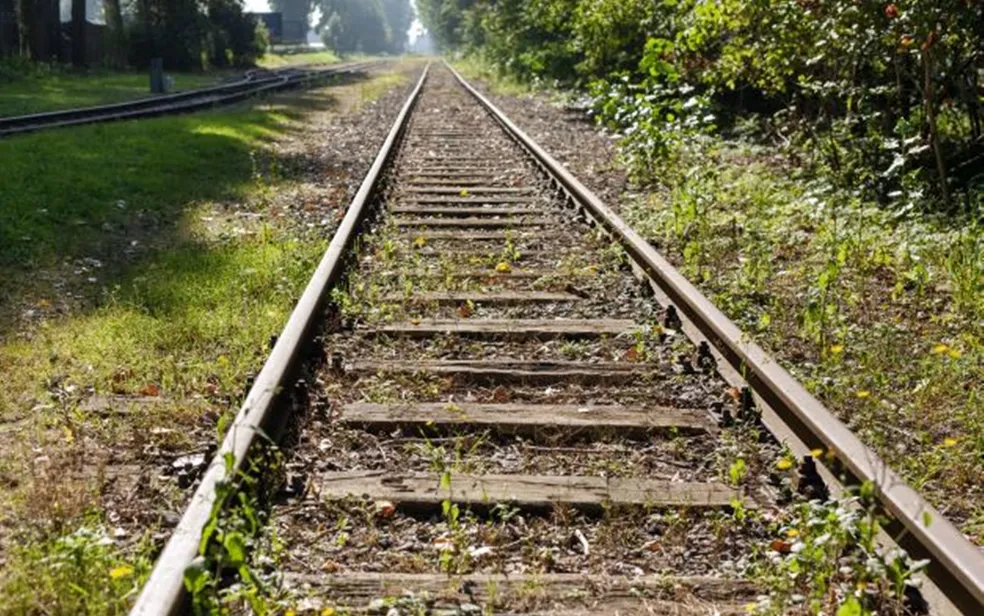 uma linha férrea que se estende por uma paisagem verde exuberante do Sul de Minas, representando a esperada reativação da ferrovia Varginha-Lavras e o renascimento do transporte na região