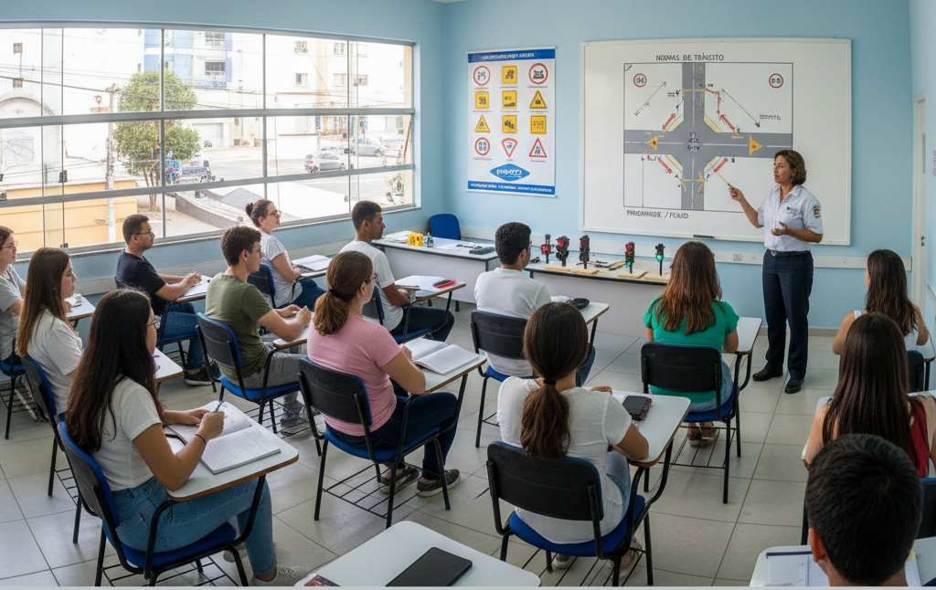 Imagem ilustrativa de jovens em sala de aula participando de curso gratuito para tirar CNH, com foco em educação de trânsito e cidadania.Imagem ilustrativa de jovens em sala de aula participando de curso gratuito para tirar CNH, com foco em educação de trânsito e cidadania.