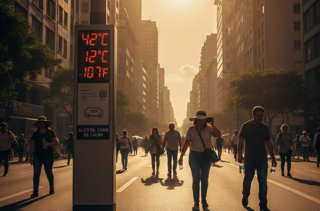 Onda de calor no Brasil: Inmet coloca 8 estados em alerta de perigo Termômetro de rua em avenida movimentada marcando temperatura elevada sob sol forte, ilustrando a onda de calor no Brasil e o alerta de perigo do Inmet