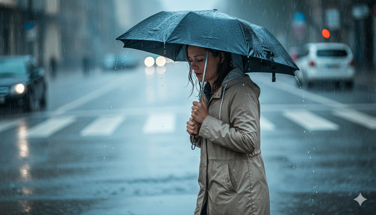 Mulher atravessa rua sob chuva forte e temporal em Lavras, ilustrando alerta de chuvas em Minas Gerais e riscos de tempestade.