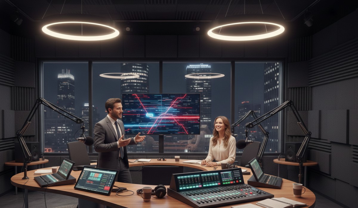 Câmara de Lavras formaliza decisão sobre rádio legislativa Estúdio de rádio legislativa em Lavras, com microfones e mesa de som, simbolizando transparência política e participação cidadã no Legislativo municipal.