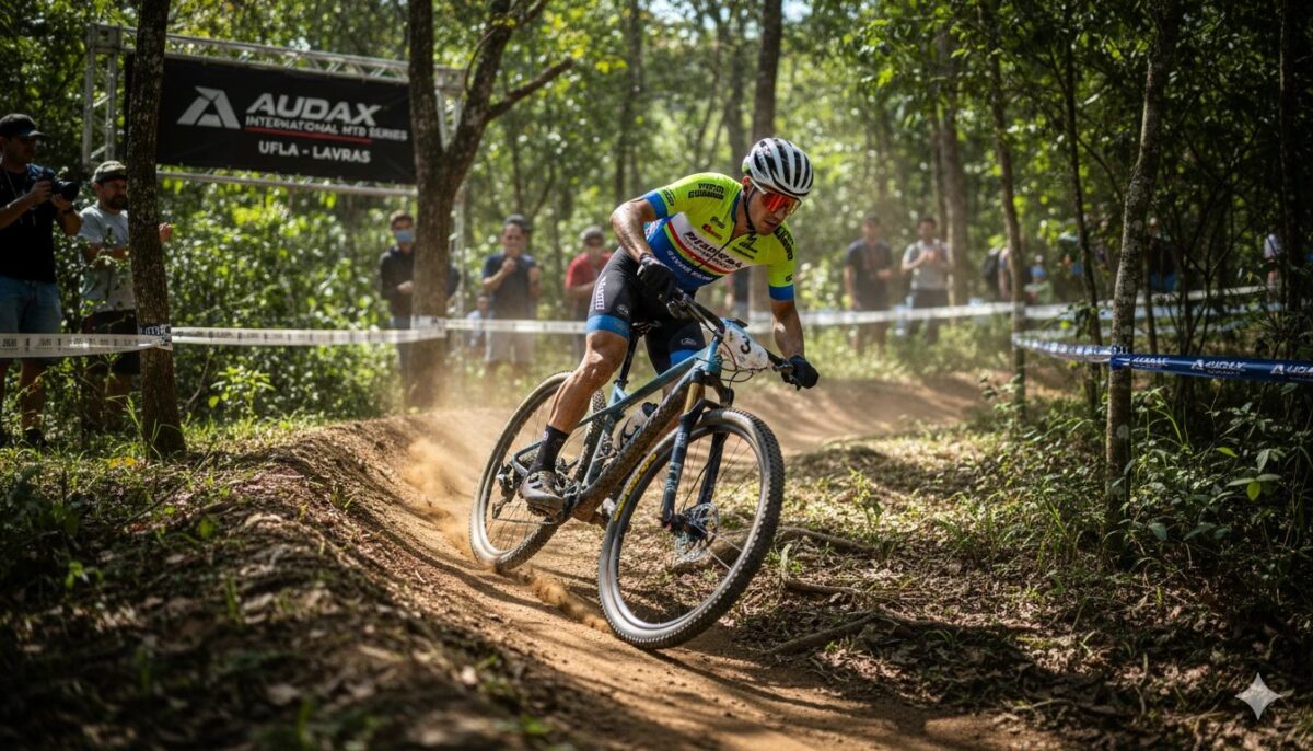 Ciclista de elite competindo em trilha técnica da UFLA durante a etapa de abertura da Audax Internacional MTB Series em Lavras