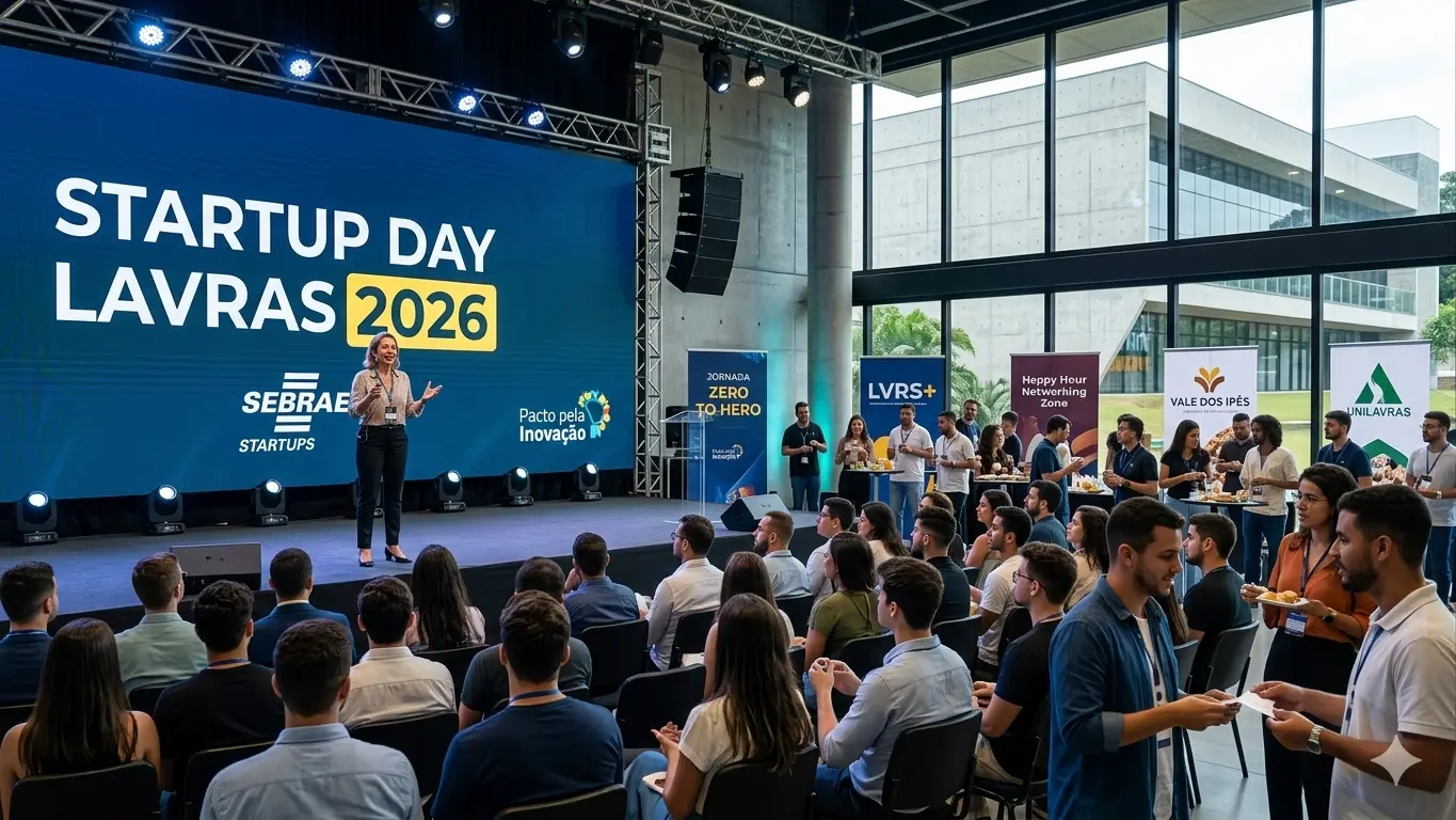 Clique para ver a programação completa do Startup Day em Lavras. Empreendedores reunidos em palestra no Startup Day Lavras 2026, com foco em tecnologia e inovação.